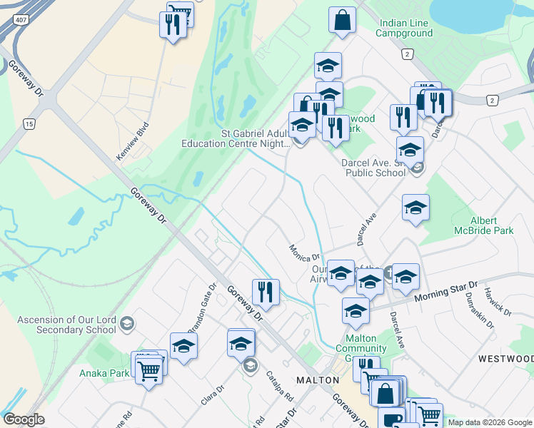 map of restaurants, bars, coffee shops, grocery stores, and more near 3630 Brandon Gate Drive in Mississauga