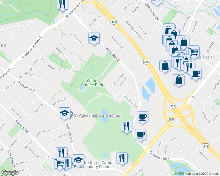 map of restaurants, bars, coffee shops, grocery stores, and more near 16 Miami Grove in Brampton