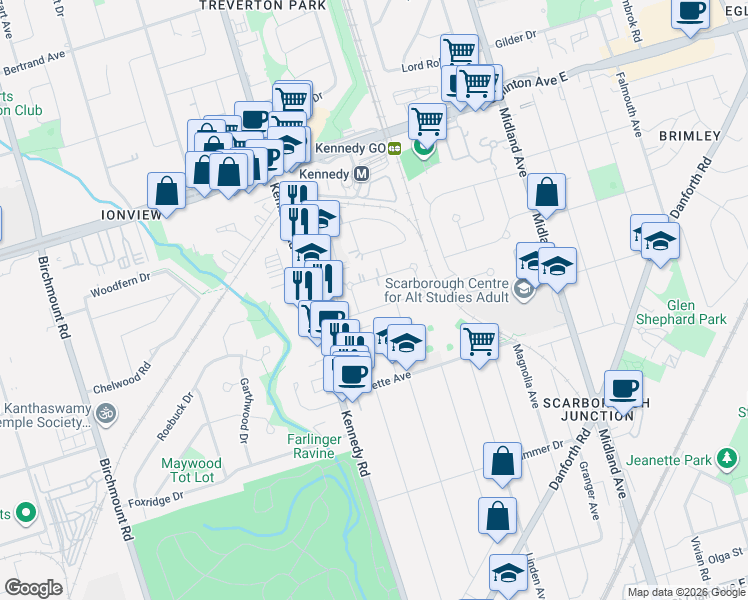 map of restaurants, bars, coffee shops, grocery stores, and more near 30 Merrian Road in Toronto