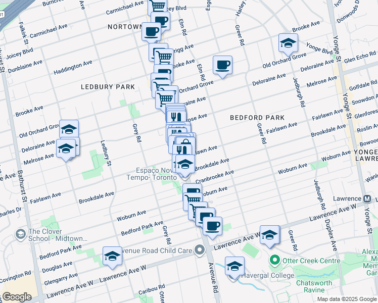 map of restaurants, bars, coffee shops, grocery stores, and more near 360 Fairlawn Avenue in Toronto