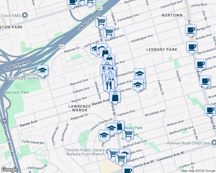 map of restaurants, bars, coffee shops, grocery stores, and more near 3460 Bathurst Street in Toronto