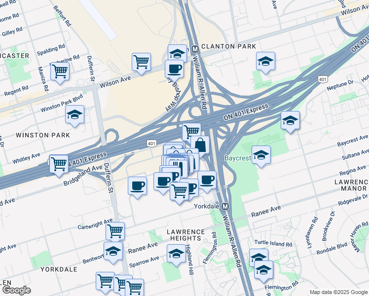map of restaurants, bars, coffee shops, grocery stores, and more near 1 Yorkdale Road in Toronto
