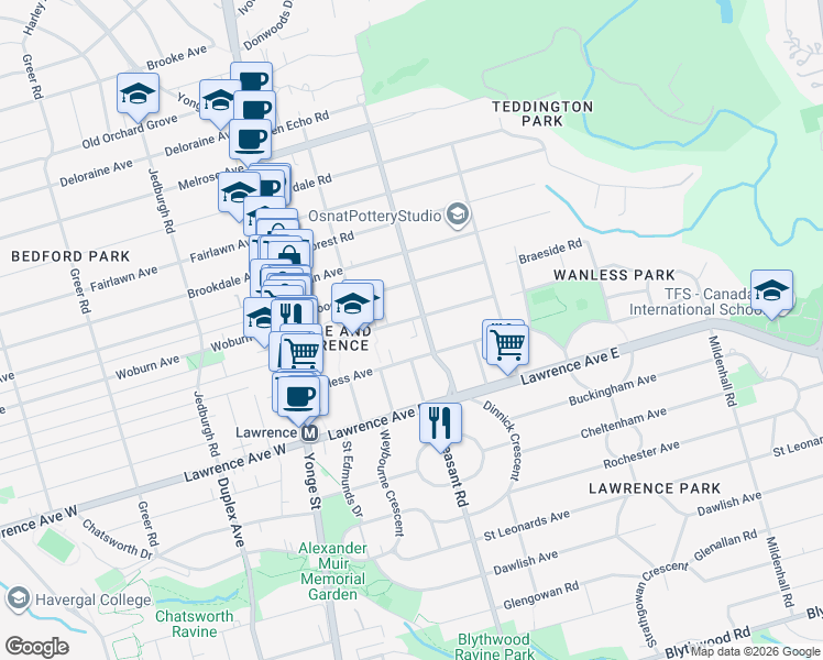 map of restaurants, bars, coffee shops, grocery stores, and more near 153 Ranleigh Avenue in Toronto