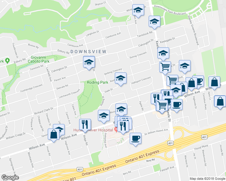 map of restaurants, bars, coffee shops, grocery stores, and more near 21 Gade Drive in Toronto