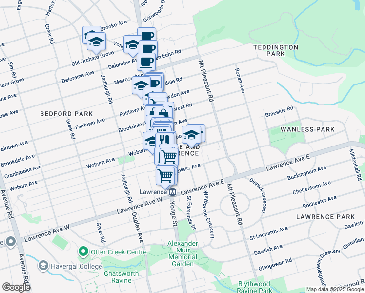 map of restaurants, bars, coffee shops, grocery stores, and more near 56 Ranleigh Avenue in Toronto