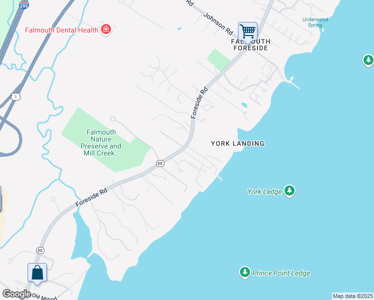 map of restaurants, bars, coffee shops, grocery stores, and more near 199 Foreside Road in Falmouth
