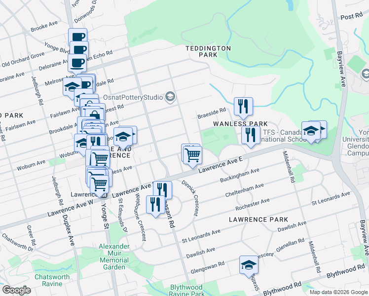 map of restaurants, bars, coffee shops, grocery stores, and more near 186 Wanless Avenue in Toronto