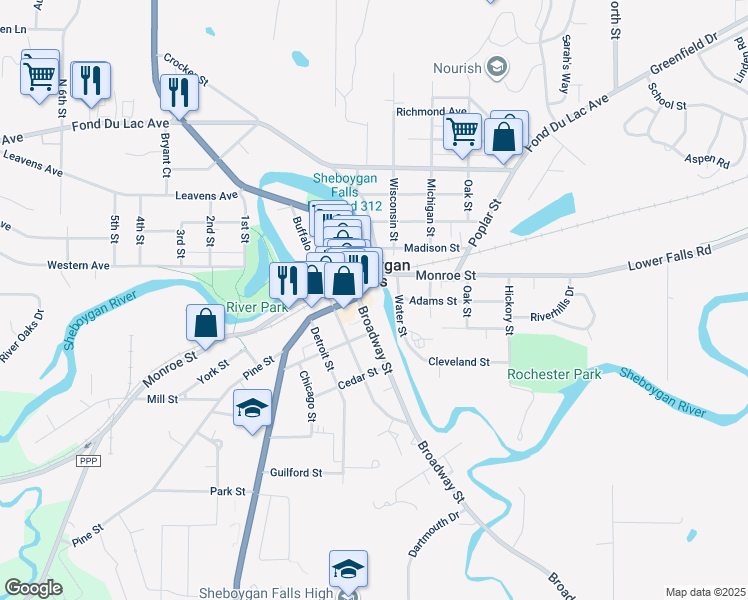 map of restaurants, bars, coffee shops, grocery stores, and more near 614-698 Broadway Street in Sheboygan Falls