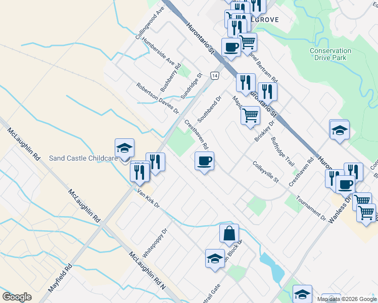 map of restaurants, bars, coffee shops, grocery stores, and more near 44 Baccarat Crescent in Brampton