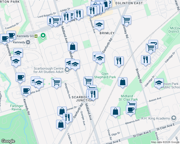 map of restaurants, bars, coffee shops, grocery stores, and more near 12 Huntington Avenue in Toronto