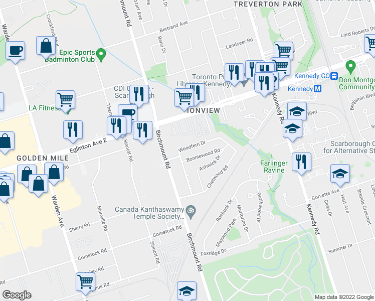 map of restaurants, bars, coffee shops, grocery stores, and more near 81 Woodfern Drive in Toronto