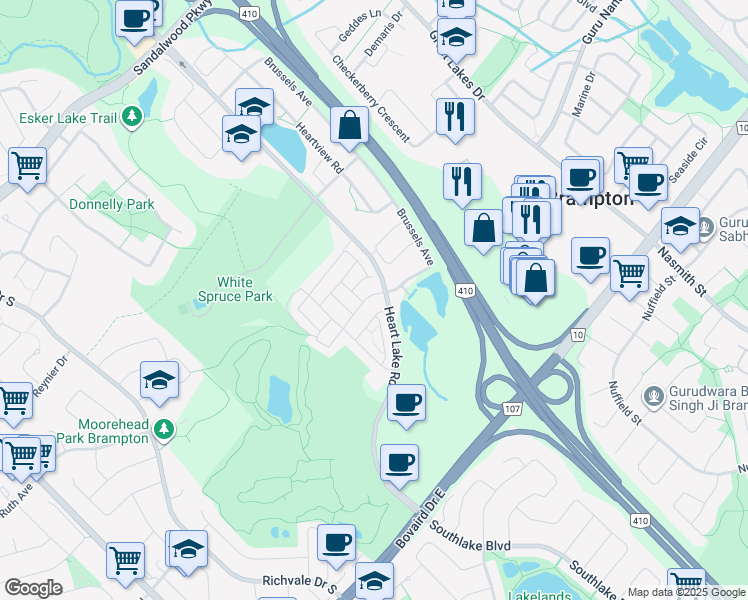 map of restaurants, bars, coffee shops, grocery stores, and more near 5 Sprucewood Road in Brampton