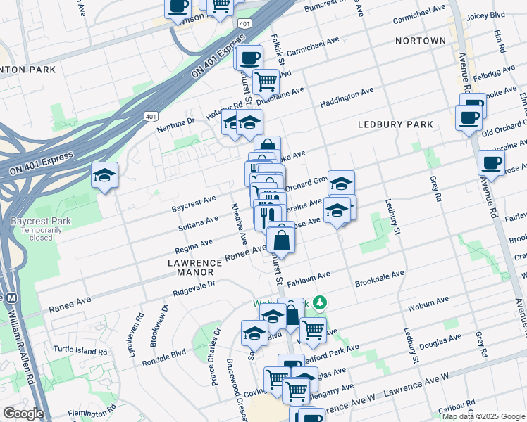 map of restaurants, bars, coffee shops, grocery stores, and more near in Toronto
