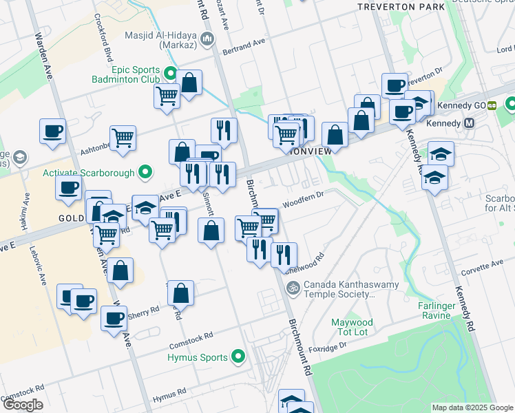 map of restaurants, bars, coffee shops, grocery stores, and more near 829 Birchmount Road in Toronto