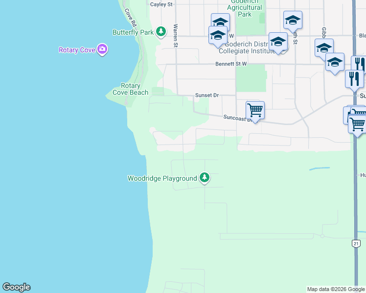 map of restaurants, bars, coffee shops, grocery stores, and more near 415-435 Warren Street in Goderich