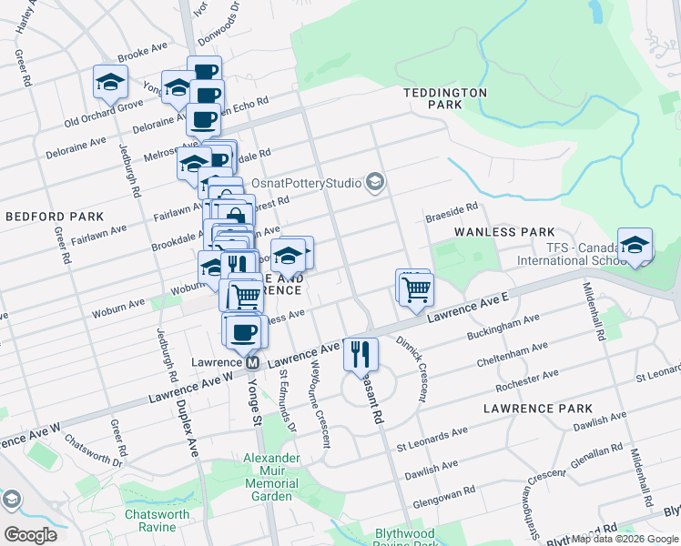 map of restaurants, bars, coffee shops, grocery stores, and more near 157 Ranleigh Avenue in Toronto