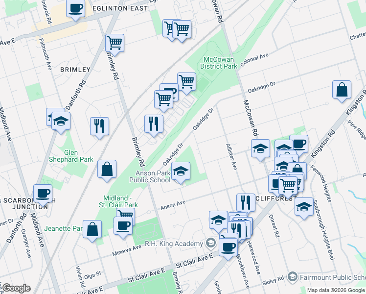 map of restaurants, bars, coffee shops, grocery stores, and more near 53 Oakridge Drive in Toronto