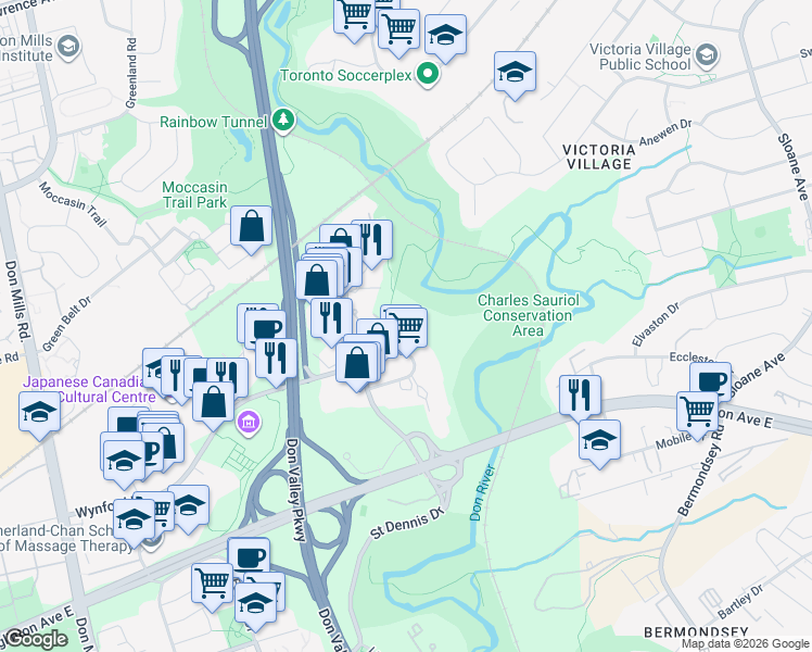 map of restaurants, bars, coffee shops, grocery stores, and more near 75 Wynford Heights Crescent in Toronto