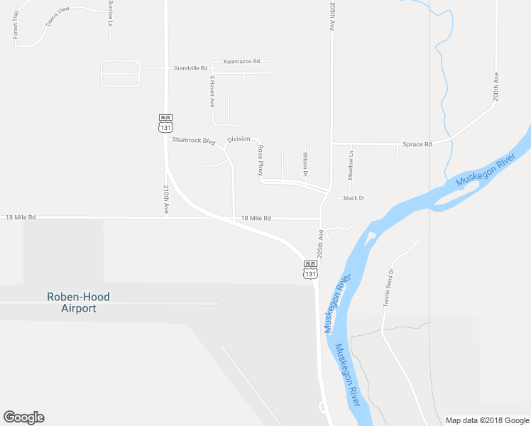 map of restaurants, bars, coffee shops, grocery stores, and more near 20630 18 Mile Road in Big Rapids
