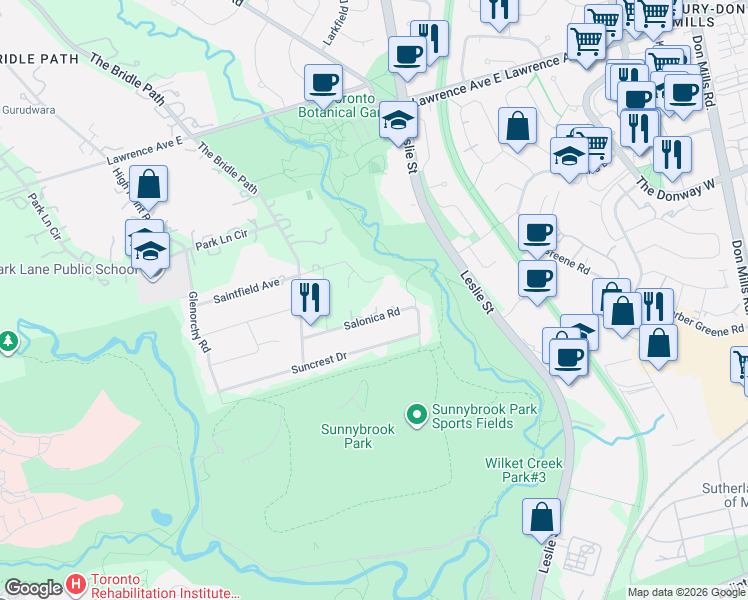 map of restaurants, bars, coffee shops, grocery stores, and more near 8 Crete Court in Toronto