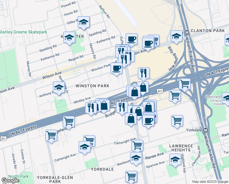 map of restaurants, bars, coffee shops, grocery stores, and more near 33 Whitley Avenue in Toronto