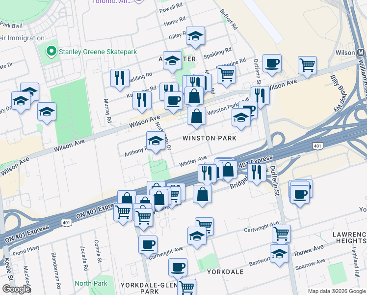 map of restaurants, bars, coffee shops, grocery stores, and more near 70 Westdale Drive in Toronto