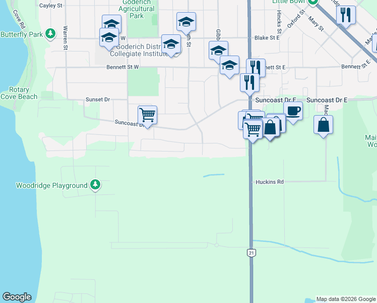 map of restaurants, bars, coffee shops, grocery stores, and more near 11 Lee Crescent in Goderich