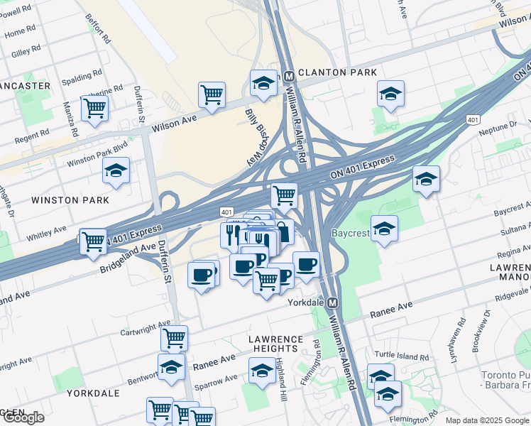 map of restaurants, bars, coffee shops, grocery stores, and more near 4447 Yorkdale Road in Toronto