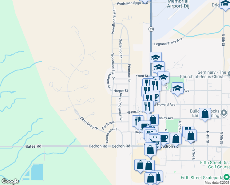 map of restaurants, bars, coffee shops, grocery stores, and more near 476 N Main St in Driggs