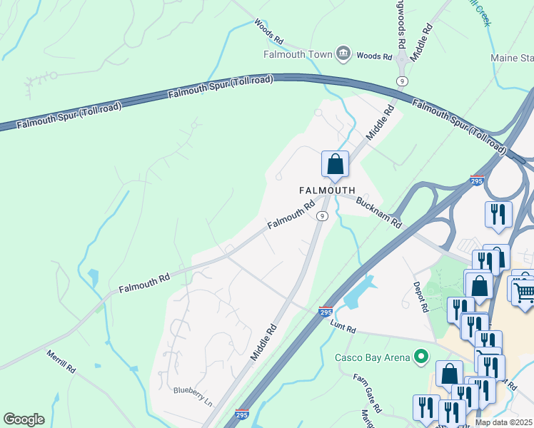 map of restaurants, bars, coffee shops, grocery stores, and more near 22 Falmouth Road in Falmouth