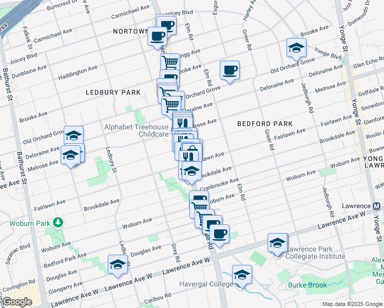 map of restaurants, bars, coffee shops, grocery stores, and more near 367 Fairlawn Avenue in Toronto