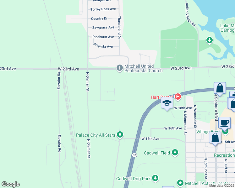 map of restaurants, bars, coffee shops, grocery stores, and more near Highway 37 in Mitchell