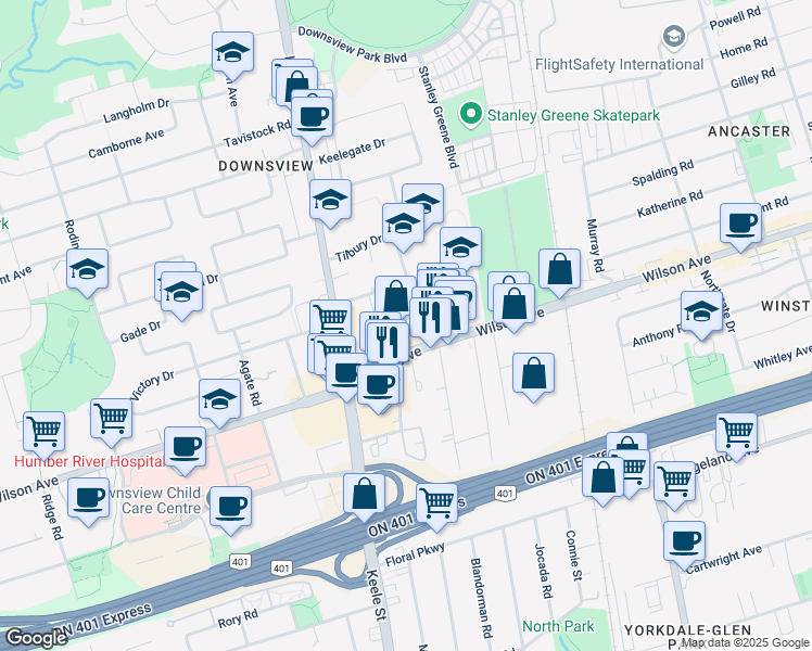 map of restaurants, bars, coffee shops, grocery stores, and more near 1012 Wilson Avenue in Toronto