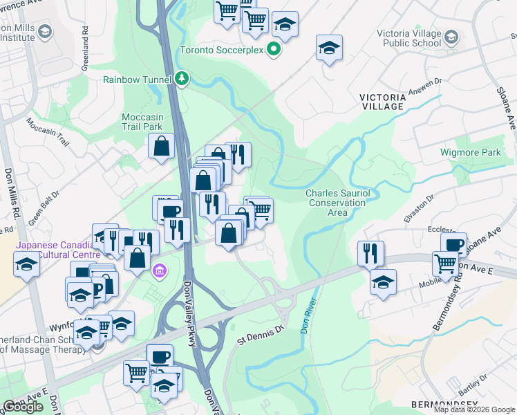 map of restaurants, bars, coffee shops, grocery stores, and more near 75 Wynford Heights Crescent in Toronto