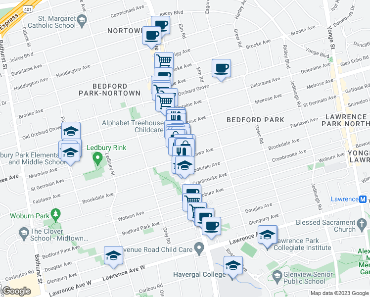 map of restaurants, bars, coffee shops, grocery stores, and more near 1717 Avenue Road in Toronto