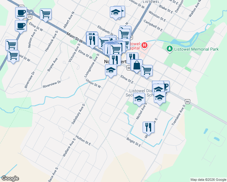 map of restaurants, bars, coffee shops, grocery stores, and more near in Listowel
