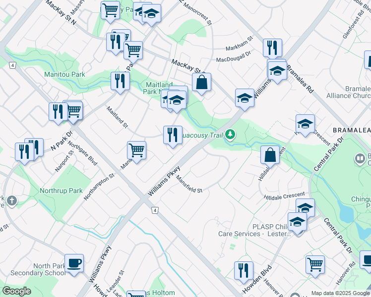 map of restaurants, bars, coffee shops, grocery stores, and more near 50 Montjoy Crescent in Brampton
