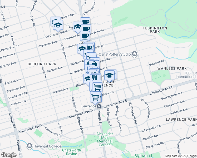 map of restaurants, bars, coffee shops, grocery stores, and more near 23 Bowood Avenue in Toronto