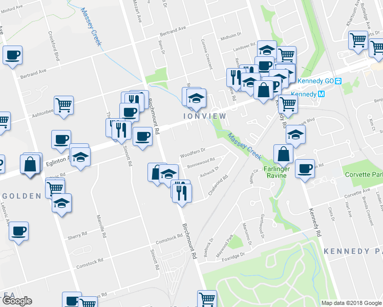 map of restaurants, bars, coffee shops, grocery stores, and more near 87 Woodfern Drive in Toronto