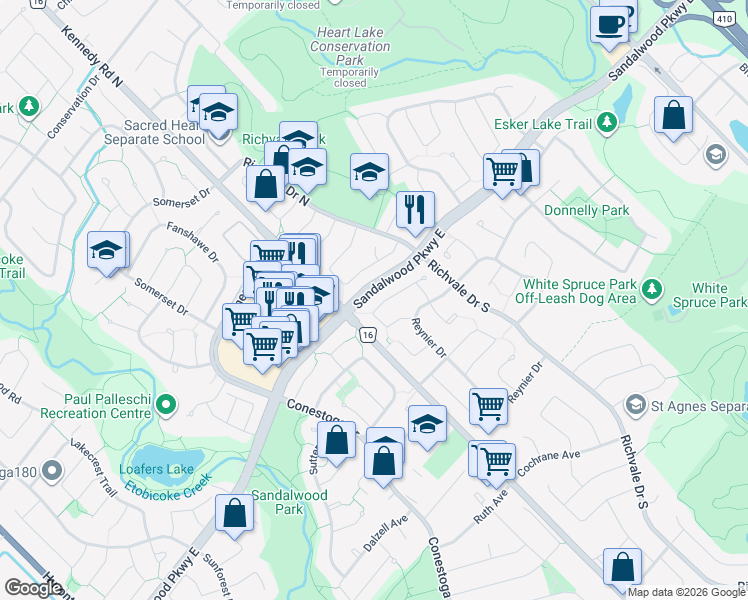 map of restaurants, bars, coffee shops, grocery stores, and more near 66 Courtleigh Square in Brampton