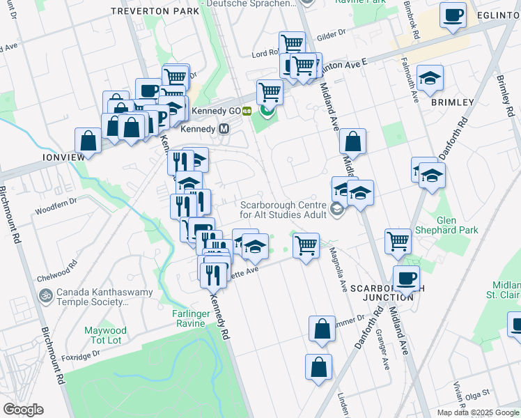 map of restaurants, bars, coffee shops, grocery stores, and more near 52 Merrian Road in Toronto