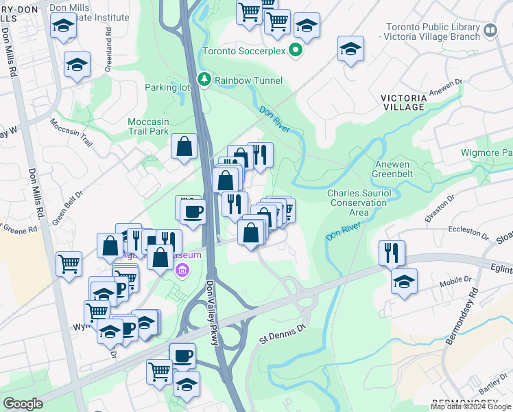 map of restaurants, bars, coffee shops, grocery stores, and more near in Toronto