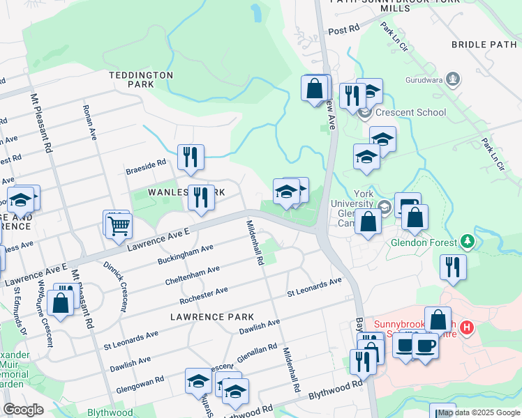 map of restaurants, bars, coffee shops, grocery stores, and more near in Toronto