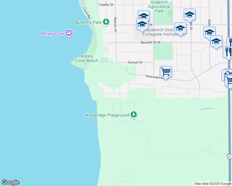 map of restaurants, bars, coffee shops, grocery stores, and more near 218 Bethune Crescent in Goderich