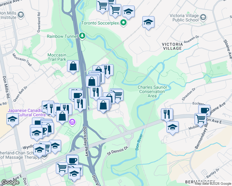 map of restaurants, bars, coffee shops, grocery stores, and more near 75 Wynford Heights Crescent in Toronto