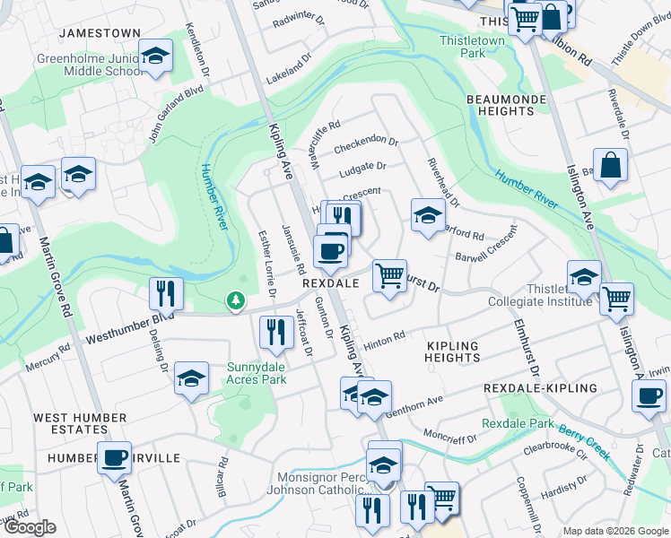 map of restaurants, bars, coffee shops, grocery stores, and more near 2281 Kipling Avenue in Toronto