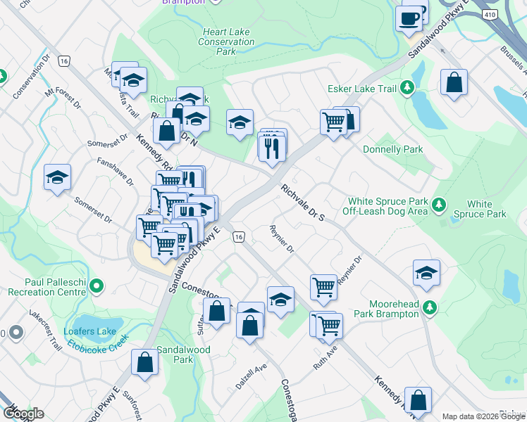 map of restaurants, bars, coffee shops, grocery stores, and more near 57 Courtleigh Square in Brampton