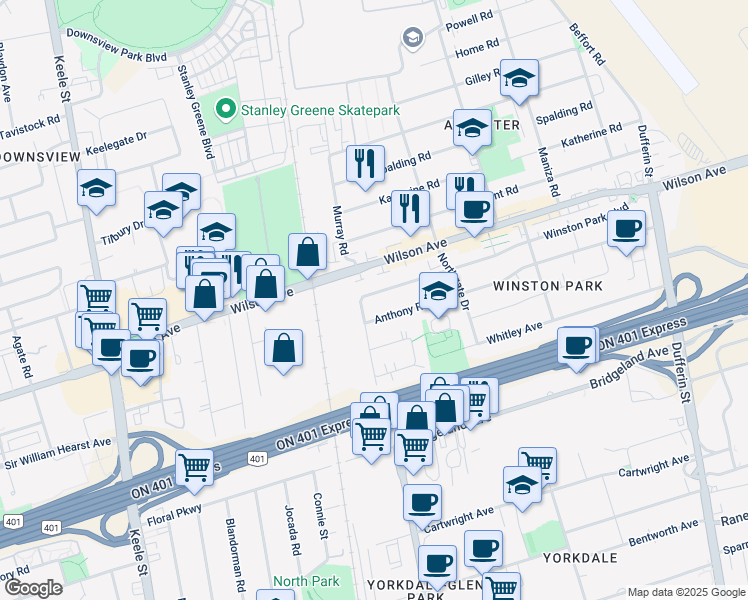map of restaurants, bars, coffee shops, grocery stores, and more near 119 Winston Park Boulevard in Toronto