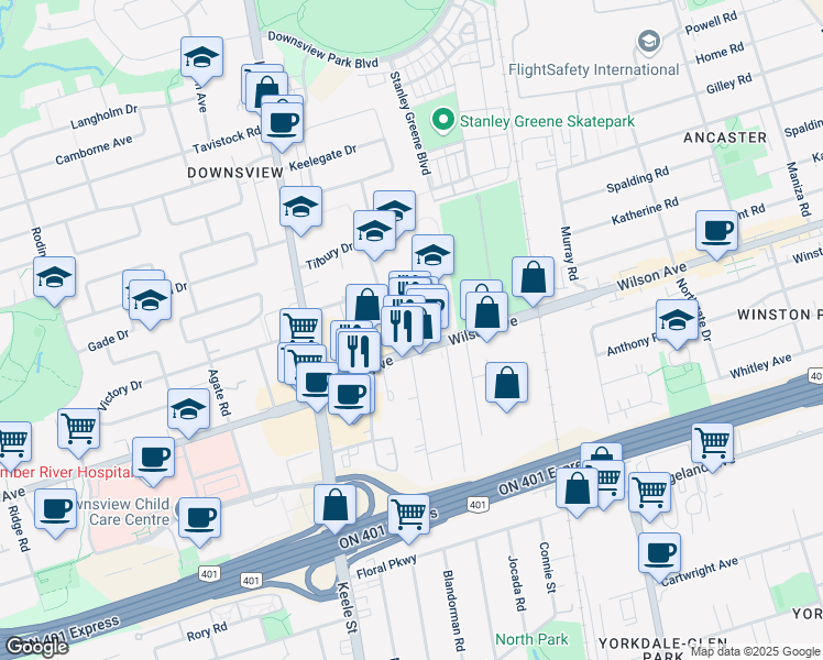map of restaurants, bars, coffee shops, grocery stores, and more near 1012 Wilson Avenue in Toronto