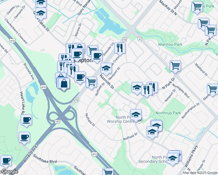 map of restaurants, bars, coffee shops, grocery stores, and more near 51 Nasmith Street in Brampton